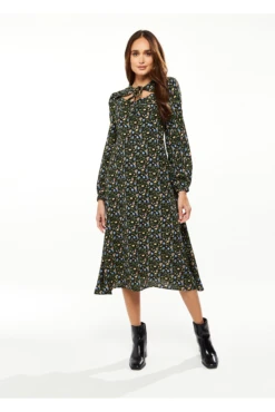Liquorish Black Floral Print Midi Dress With Lurex And Neck