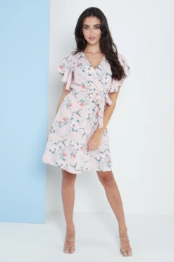 Lilura London Angel Sleeves Wrap Dress In Pink Floral Print