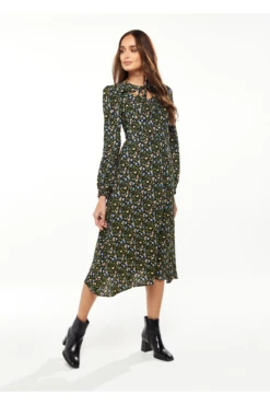 Liquorish Black Floral Print Midi Dress With Lurex And Neck -Yumi Clothing Shop VdzWzAYh 14022