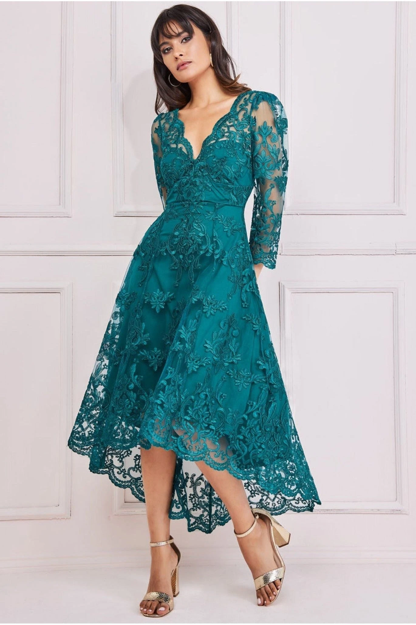 Goddiva Scalloped Lace Dipped Hem Midi Dress - Emerald 1 Goddiva Scalloped Lace Dipped Hem Midi Dress - Emerald