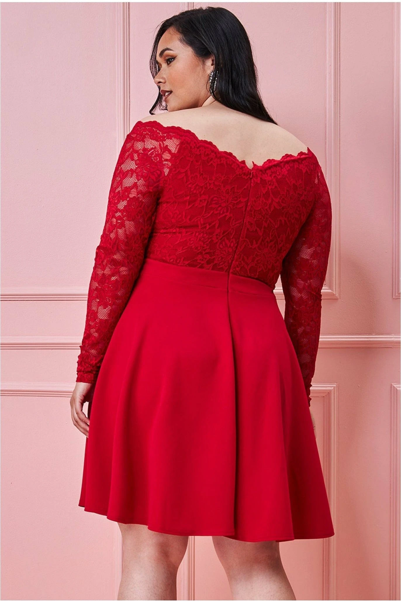 Goddiva Plus Off The Shoulder Lace Skater Dress - Red 2 Goddiva Plus Off The Shoulder Lace Skater Dress - Red - Image 2