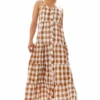 Liquorish Gingham Print Maxi Dress In Brown And White