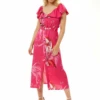 Liquorish Belted Midi Dress Off Shoulder Sleeves In Fucshia