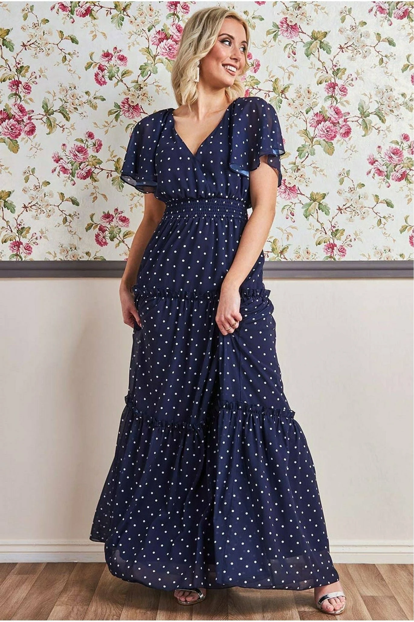 Goddiva Polka Dot Tiered Chiffon Maxi Dress - Navy 1 Goddiva Polka Dot Tiered Chiffon Maxi Dress - Navy