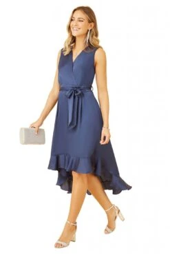 Mela London Navy Satin Dipped Hem Wrap Over Midi Dress -Yumi Clothing Shop WB2RL9s6 14769