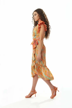 Liquorish Orange Scribble Print Midi Wrap Dress With Frill -Yumi Clothing Shop WGEJijur 10087