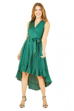 Mela London Green Satin Dipped Hem Wrap Over Midi Dress