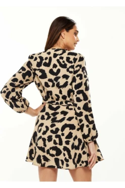 Liquorish Animal Print Mini Wrap Dress Long Sleeve In Cream -Yumi Clothing Shop WhYMGJXK 8216