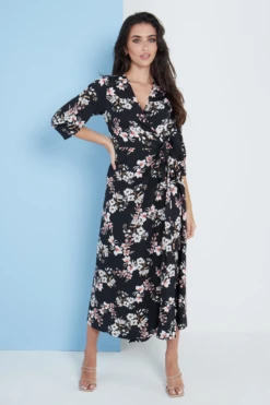 Lilura London Midi Wrap Dress In Black Floral Print -Yumi Clothing Shop WrkDPBc8 15704