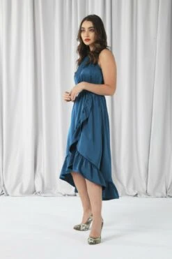 Double Second Teal Sleeveless Satin Frill Hem Wrap Dress -Yumi Clothing Shop WtI22s2i 11932