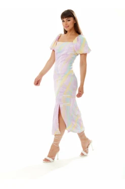 Liquorish Midi Square Neck Brush Stroke Print Dress In Lilac