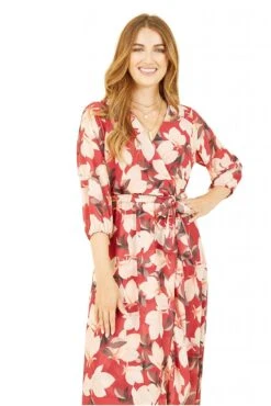 Yumi Red Blossom Wrap Midi Dress With 3/4 Sleeves -Yumi Clothing Shop XULRC6iG 14854