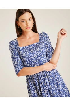 Dusty Pink Floral Square Neck Smock Dress | Blue -Yumi Clothing Shop YFClChRI 12054