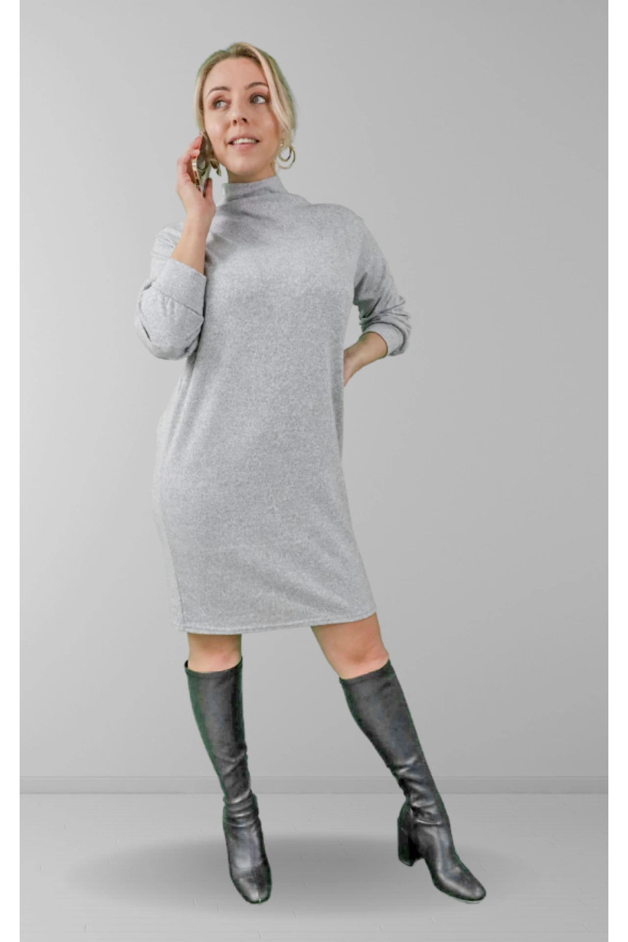 Signage Light Grey Funnel Neck Long Sleeve Dress 2 Signage Light Grey Funnel Neck Long Sleeve Dress - Image 2