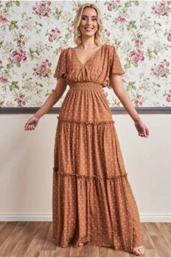 Goddiva Polka Dot Tiered Chiffon Maxi Dress - Brown -Yumi Clothing Shop YuwGhHyF 9172
