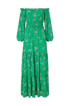Yumi Green Floral Bardot Long Sleeve Maxi Dress -Yumi Clothing Shop Z8Bv3YMH 15767