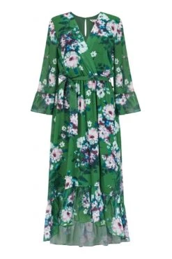 Yumi Green Watercolour Floral Dip Hem Midi Dress -Yumi Clothing Shop ZJ2voMxn 13359