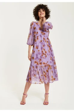 Liquorish Purple Floral V-neck Midi Dress