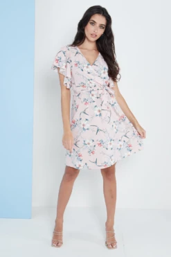 Lilura London Angel Sleeves Wrap Dress In Pink Floral Print -Yumi Clothing Shop ZpiWyzWe 15710