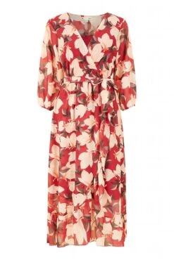 Yumi Red Blossom Wrap Midi Dress With 3/4 Sleeves -Yumi Clothing Shop Zq4lniEo 14854