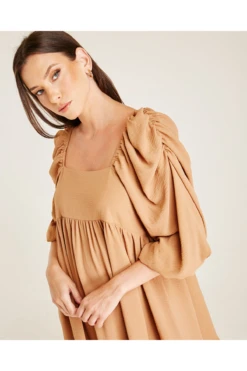 Dusty Pink Ruched Sleeve Smock Dress | Light Brown -Yumi Clothing Shop ZsxofIiM 12048