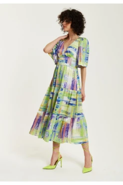 Liquorish Green Abstract Print Midi Dress With Short Sleeves -Yumi Clothing Shop ZtK3OakX 15657