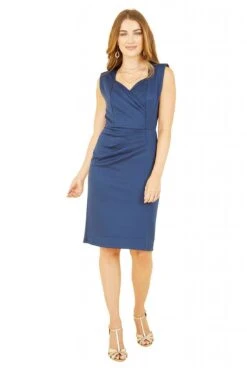 Yumi Navy Scuba Fitted Pleat Detail Dress