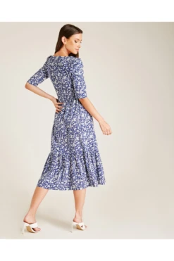 Dusty Pink Floral Square Neck Smock Dress | Blue -Yumi Clothing Shop Zu4ZL9X8 12054