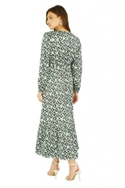 Yumi Green Geo Print Wrap Satin Midi Dress -Yumi Clothing Shop ZvVWx0Me 13357