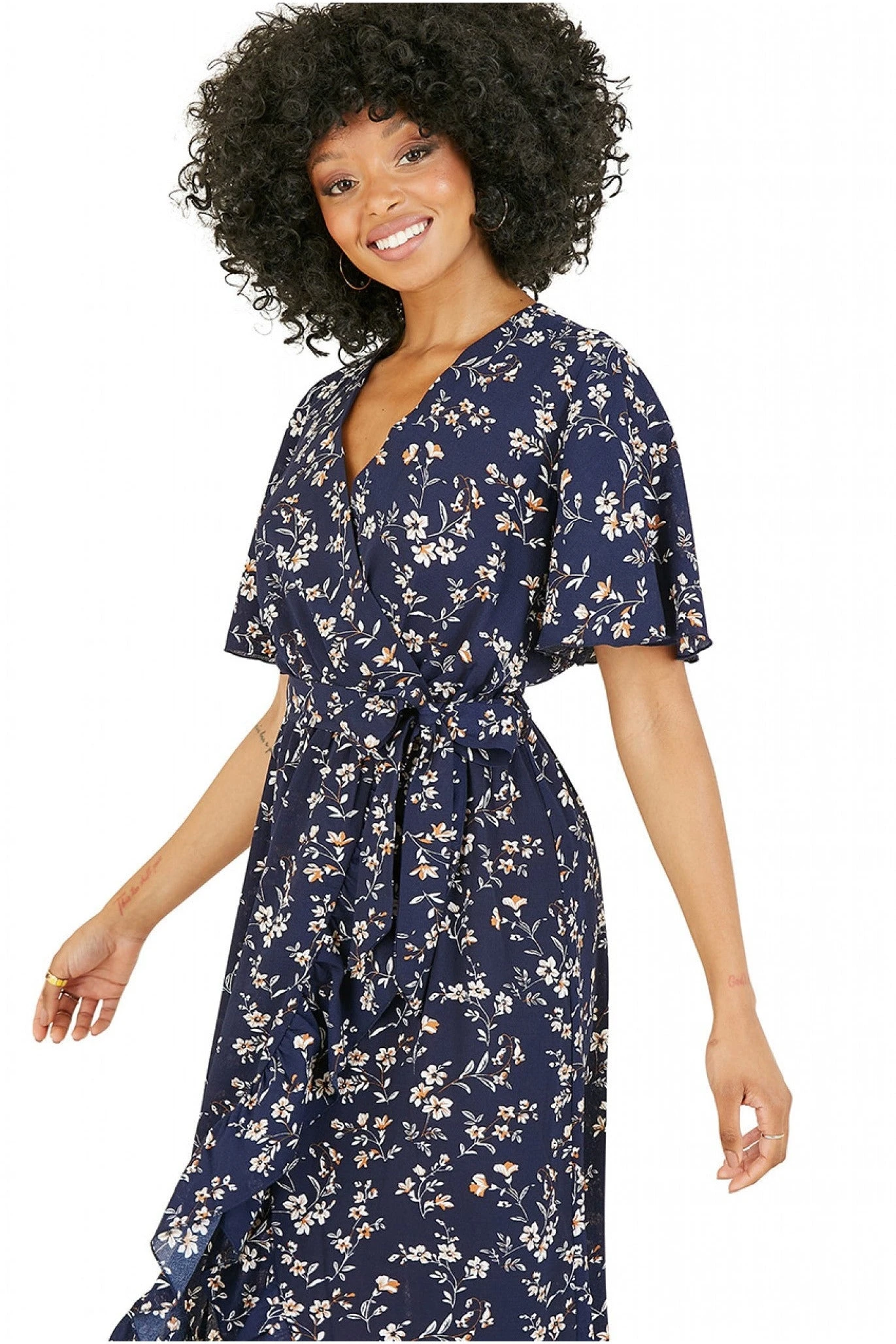 Mela London Navy Ditsy High Low Frill Wrap Dress 2 Mela London Navy Ditsy High Low Frill Wrap Dress - Image 2