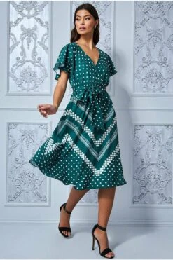 Goddiva Wrap Style Flutter Sleeve Midi Dress - Emerald Green -Yumi Clothing Shop a0IgC2cl 7377