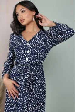 Lilura London Button Front Belted Midi Dress In Navy Floral -Yumi Clothing Shop aXi9VyRM 10580