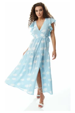 Liquorish Cloud Print Midi Wrap Dress With Frill Sleeve Blue -Yumi Clothing Shop am3RfIkX 10038