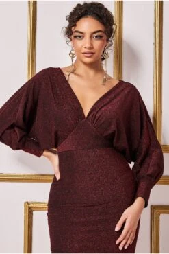 Goddiva Kimono Sleeve Lurex Midi Dress - Red -Yumi Clothing Shop aoFlPJDo 12231