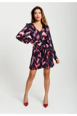 Liquorish Abstract Ikat Print Mini Wrap Dress In Black