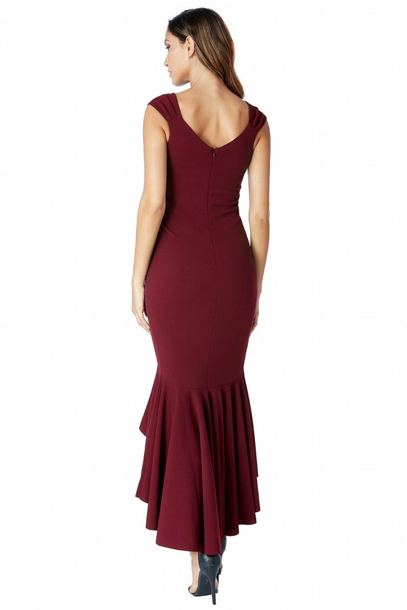 Goddiva High Low Frill Hem Maxi Dress - Wine 2 Goddiva High Low Frill Hem Maxi Dress - Wine - Image 2