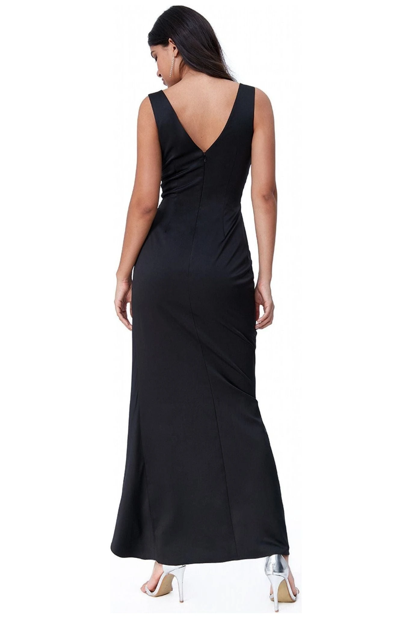 Goddiva Waterfall Satin Maxi Dress - Black 2 Goddiva Waterfall Satin Maxi Dress - Black - Image 2