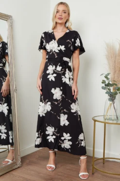 Lilura London Wrap Front Maxi Dress In Black Floral Print -Yumi Clothing Shop bZslp4zq 15687