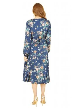 Mela London Navy Long Sleeve Floral Print Satin Wrap Dress -Yumi Clothing Shop baMUrcio 14771