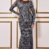 Goddiva Sequin Mesh Embroidered Maxi Dress - Silver