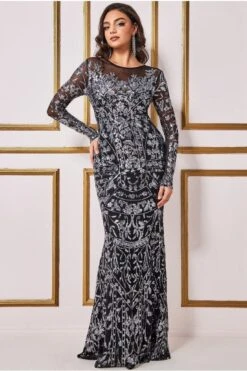 Goddiva Sequin Mesh Embroidered Maxi Dress - Silver