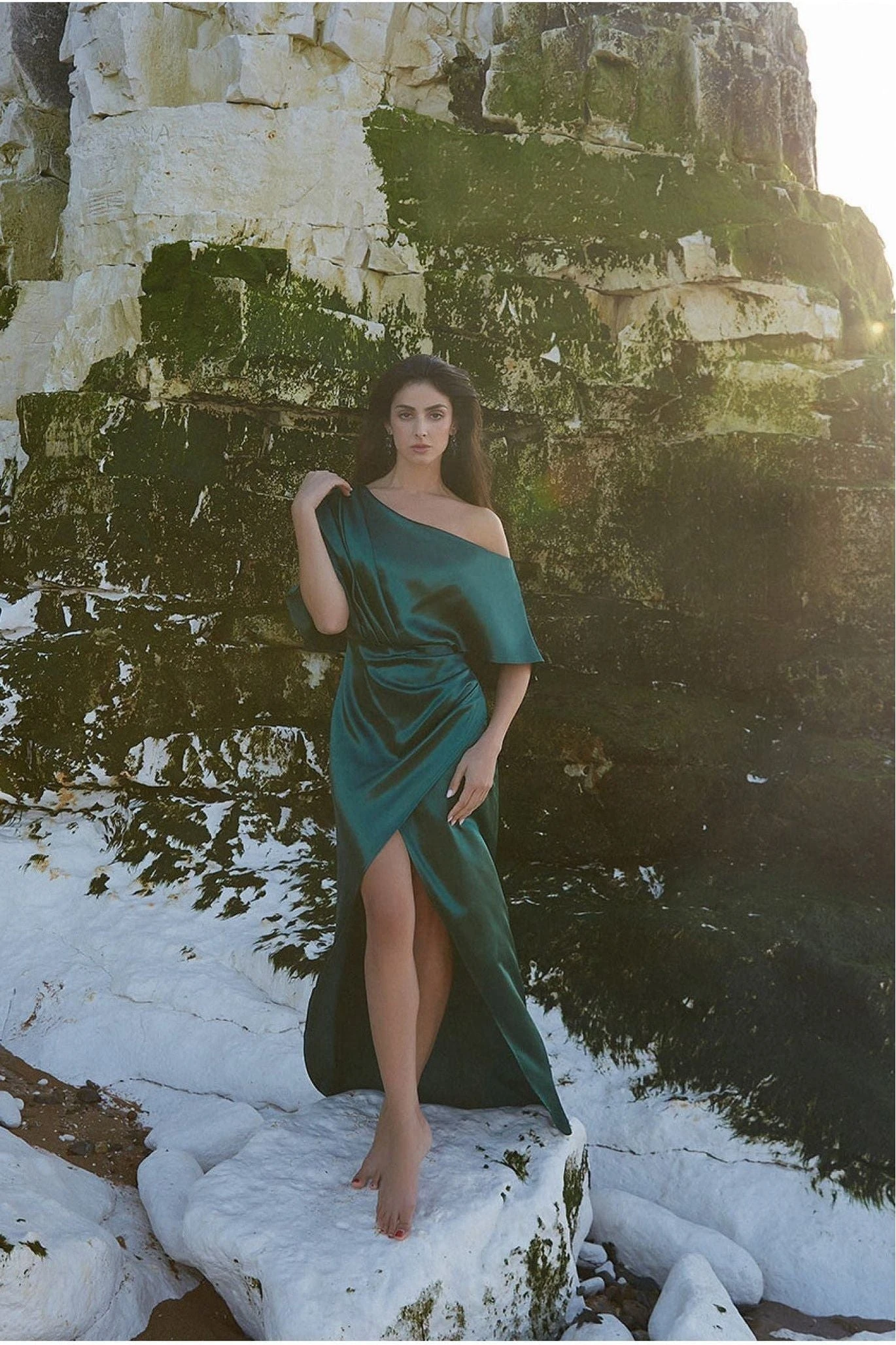 Goddiva Satin Drape Shoulder Wrap Maxi Dress - Emerald Green 1 Goddiva Satin Drape Shoulder Wrap Maxi Dress - Emerald Green