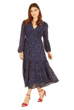 Yumi Navy Star Print Long Sleeve Midi Dress