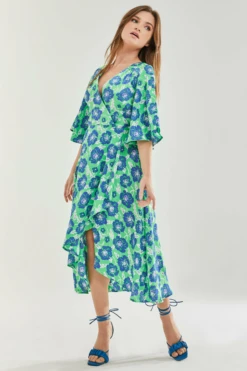 Liquorish Blue Floral Midi Wrap Dress Kimono Sleeve In Green
