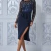 Goddiva Sequin Bodice With Front Frill Midi Dress - Navy