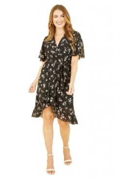 Mela London Black Floral Frill Wrap Dress