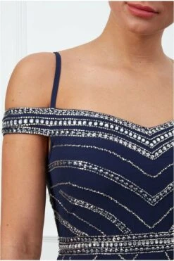 Goddiva Off The Shoulder Sequin Maxi Dress - Navy -Yumi Clothing Shop dr1841 navy dt l3