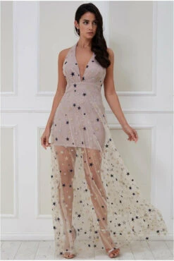 Goddiva Star Mesh Halter Neck Maxi Dress - Champagne