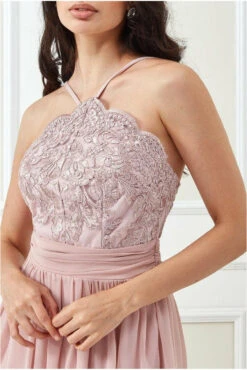 Goddiva Lace Halter Neck Chiffon Midi Skirt Dress - Blush -Yumi Clothing Shop dr2864 blush dt l