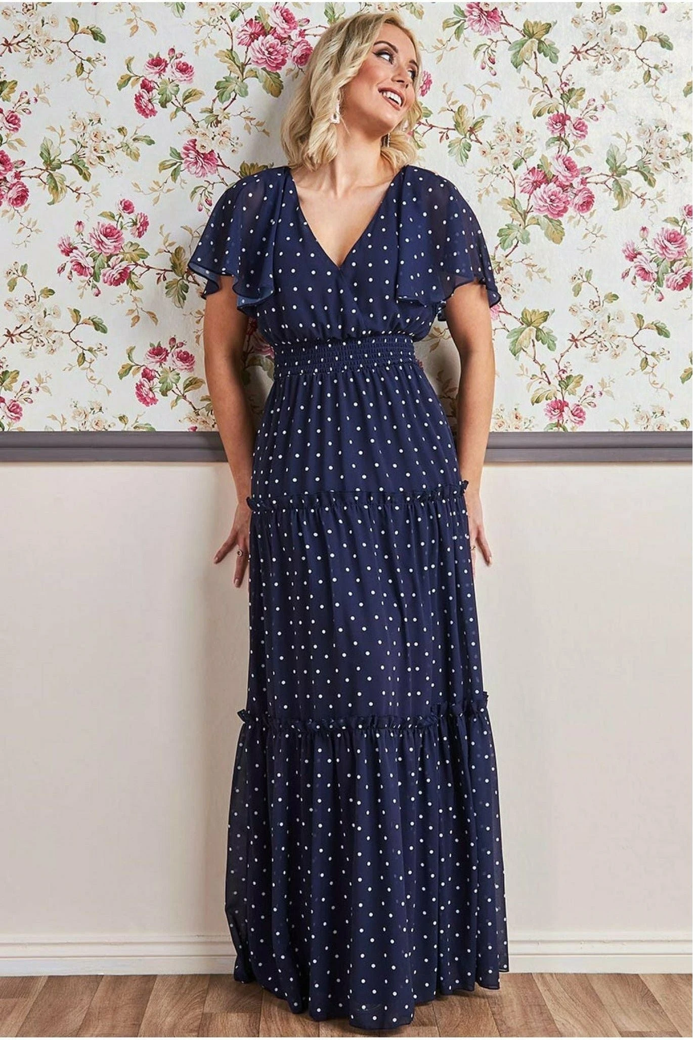 Goddiva Polka Dot Tiered Chiffon Maxi Dress - Navy 3 Goddiva Polka Dot Tiered Chiffon Maxi Dress - Navy - Image 3